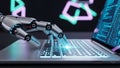 Robotic metallic hand typing on a glowing laptop keyboard with lines of code displayed on the screen Royalty Free Stock Photo