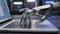 Robotic metallic hand typing on a laptop keyboard with lines of code displayed on the screen Royalty Free Stock Photo