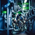 A robotic milking machine milking cows on a dairy. Generative AI Royalty Free Stock Photo