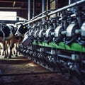 A robotic milking machine milking cows on a dairy. Generative AI Royalty Free Stock Photo