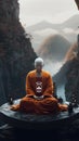 Robotic Monk Meditating Against Mountainous Background. Generative ai