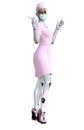 Robotic nurse in a pink uniform with syringe, 3d rendering