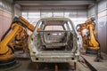 robotic painting and coating system, with multiple arm robots working on the same vehicle