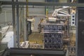 Robotic palletizer working with plastic beer bottles at brewery plant