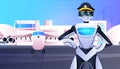 robotic pilot in uniform robot captain near plane aviation artificial intelligence technology concept