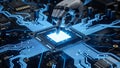 Robotic Precision: AI Hand Activating Next-Gen Microchip on Luminescent Circuit Board Royalty Free Stock Photo