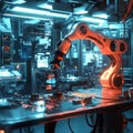 Robotic Precision: A cutting-edge robotic arm meticulously works on electronic components in a high-tech laboratory