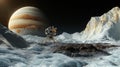 Robotic probe explores icy Jupiter moon surface. Innovative tech probe stands on icy terrain. Giant Jupiter looms in background.