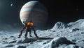 Robotic probe explores icy moon surface near Jupiter. Space exploration concept. Futuristic space station on lunar planet with