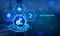 Robotic Process Automation software icon in wireframe hand. RPA. IOT and Automation concept as an innovation, improving