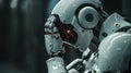 Robotic Reflection: Closeup of Humanoid AI Contemplating on Dark Background with Copy Space Royalty Free Stock Photo
