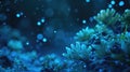 Robotic seaweed, bioluminescent coral sway underwater, in cool blue biotech-nature harmony. Robotic plants