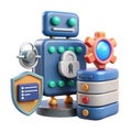Robotic security assistant protects data with locks shields and servers Royalty Free Stock Photo