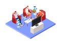 Robotic service staff. Vector people and androids. Isometric servant robots and men resting