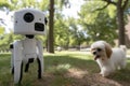 robotic service unit with camera eyes walking shih tzu in public park Royalty Free Stock Photo