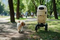 robotic service unit with camera eyes walking shih tzu in public park Royalty Free Stock Photo