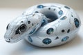 Robotic snake is exploring its surroundings with intricate metallic scales and advanced sensors in a sleek, modern