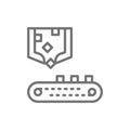 Robotic sorting arm with conveyor belt, metallurgy production line icon.