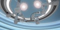 Robotic surgical arms remotely controlled under ceiling lamps of an operating room