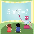 Domestic Robot teaching maths to little girl and boy.