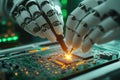 Robotic technician repairs motherboard in modern electronics lab. Generative AI Royalty Free Stock Photo