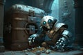 robotic thief, breaking into vault, with pile of stolen treasures in the background