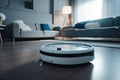 robotic vacuum cleaner on laminate floor in living room at home, A futuristic AI robot cleaner cleaning the house, AI Generated