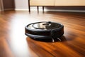 Robotic vacuum cleaner on laminate wood floor. Modern smart cleaning technology