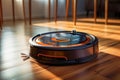 Robotic vacuum cleaner on laminate wood floor Royalty Free Stock Photo