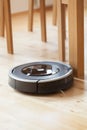 robotic vacuum cleaner on laminate wood floor smart cleaning technology Royalty Free Stock Photo