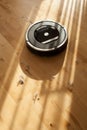 robotic vacuum cleaner on laminate wood floor smart cleaning technology dust Royalty Free Stock Photo