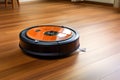 Robotic vacuum cleaner on laminate wood floor smart cleaning technology