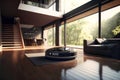 Robotic vacuum cleaner on laminate wood floor smart cleaning technology- Illustration. Generative AI