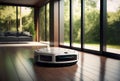 Robotic vacuum cleaner on laminate wood floor smart cleaning technology- Illustration. Generative AI