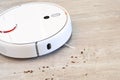 Robotic vacuum cleaner removes breadcrumbs from the laminate wood floor