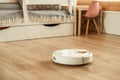 Robotic vacuum cleaner working on laminate wood floor in the living room. Automated white vacuum cleaner robot in the Scandinavian Royalty Free Stock Photo