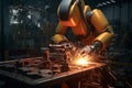 Robotic Welding. Robots welding in workshop of industrial plant.