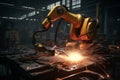 Robotic Welding. Robots welding in workshop of industrial plant.