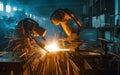 Robotic Welding. Robots welding in workshop of industrial plant.