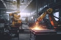 Robotic Welding. Robots welding in workshop of industrial plant.