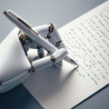 Robotic white hand with pen write on blank letter closeup. ai generative