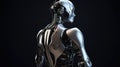 Portrait of robot woman close-up with real face cyber-girl with white body and a metal glowing mechanism in her neck. Royalty Free Stock Photo