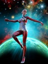 Robotic woman in space, super hero, 3d illustration