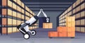 Robotic worker loading cardboard boxes hi-tech smart factory robot artificial intelligence logistics automation