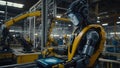 Robotic worker operating a tablet in a high-tech manufacturing facility during daytime