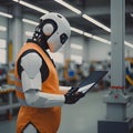 Robotic worker operating a tablet in a high-tech manufacturing facility during daytime