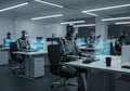 Robotic workforce at desks in a modern office environment setting Royalty Free Stock Photo