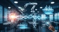 Advanced artificial intelligence and robotics concept showing robotic arm working on microchips with dna helix and smart city data Royalty Free Stock Photo