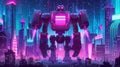 Robotics artificial intelligence technologies, alien cybernetic warrior, robot transformer in futuristic night city