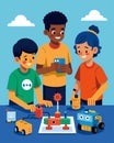 In a robotics club young enthusiasts experiment with different sensors and attachments for their Lego Mindstorms robots